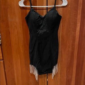 Haute Monde Elegant Black Mini Dress with Rhinestone Fringe